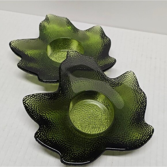 HALLMARK SUMMER AUTUMN MAPLE LEAF TEA LIGHT CANDLE HOLDERS GREEN GLASS - Picture 3 of 9